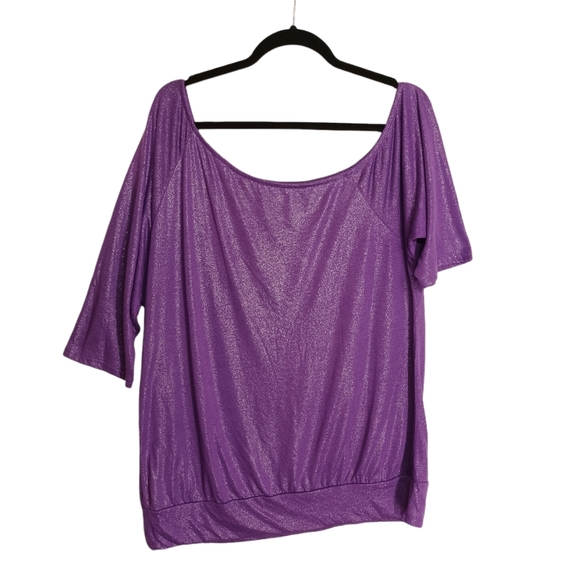 TWIST TEES Purple Shimmer Glitter Boat Neck Asymmetrical Hem Top 1 (1X) - Picture 7 of 7